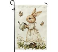 Drapeau de jardin de printemps avec adorable lapin et papillons, décoration florale élégante pour la maison et la cour, bannière extérieure double face en toile de jute, parfaite pour les célébrations