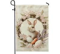 Drapeau de jardin de printemps avec lapin mignon et œufs de Pâques, couronne florale aux couleurs pastel, décoration extérieure pour pelouse et cour, toile de jute double face, décoration printanière