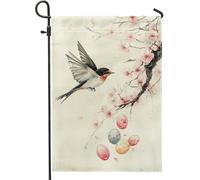 Drapeau de jardin de printemps avec oiseau et œufs, décoration de fleur de cerisier de pêche, drapeau double face en toile de jute pour les vacances de Pâques, belle décoration de pelouse 30,5 x 45,7