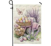 Drapeau de jardin de printemps de Pâques, couleurs pastel, œufs de camion vintage, décorations de cour, toile de jute double face, décoration de pelouse de vacances, 30,5 x 45,7 cm
