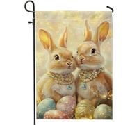 Drapeau de jardin de printemps de Pâques, lapins mignons avec œufs de Pâques colorés, décoration extérieure, drapeaux de pelouse saisonniers double face en toile de jute pour célébration des vacances