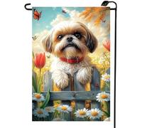 Drapeau de jardin de printemps, drapeaux de cour d'été pour extérieur 30,5 x 45,7 cm double face, petit chien Shih Tzu Cardinal Floral Drapeau de jardin Printemps Été Extérieur Décorations de cour