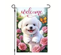 Drapeau de jardin de printemps et d'été 30,5 x 45,7 cm double face, en toile de jute, fleurs de ferme, bichon frisé, drapeaux de bienvenue, décorations de printemps pour l'extérieur, petits drapeaux