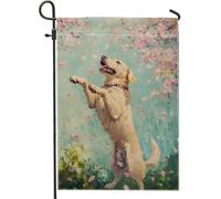 Drapeau de jardin de printemps et d'été, décoration de fête de chien de laboratoire jaune, bannière de pelouse extérieure double face, décoration de cour pour amoureux des animaux, accents floraux