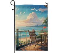 Drapeau de jardin de printemps, océan, rives, plage, bananier, île, feuilles, chaise, soleil, nuage, fleur, bleu blanc, panneau en lin, décoration d'intérieur, décoration murale, extérieur, jardin
