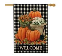 Drapeau de jardin de récolte d'automne, bannière de bienvenue florale citrouille orange, double face, décoration d'extérieur à carreaux noirs pour la saison d'automne, décoration de pelouse, 71 x