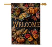 Drapeau de jardin de récolte d'automne, bannière de décoration d'intérieur avec papillons oranges, citrouille, décoration de pelouse d'automne double face pour une utilisation en extérieur 71 x 101 cm
