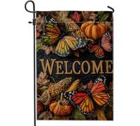 Drapeau de jardin de récolte d'automne, bannière de décoration d'intérieur avec papillons oranges, citrouille, décoration de pelouse d'automne double face pour une utilisation en extérieur 30,5 x 45,7