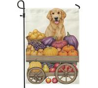 Drapeau de jardin de récolte d'automne, chien jaune avec citrouilles et fruits, bannière de décoration d'intérieur, drapeau double face en toile de jute, décoration de pelouse extérieure, 30,5 x 45,7