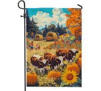Drapeau de jardin de récolte d'automne, citrouilles oranges et vaches brunes, décoration d'extérieur, drapeau de cour double face en toile de jute pour la maison et le jardin, 30,5 x 45,7 cm