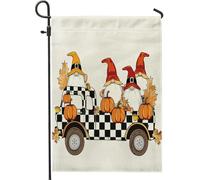 Drapeau de jardin de récolte d'automne, nain d'automne, citrouille, camion à carreaux, décoration de vacances, drapeau de cour double face en toile de jute, décoration saisonnière de pelouse