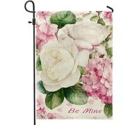 Drapeau de jardin de rose, feuille d'hortensia floral romantique pour Saint-Valentin, pêche, double face, petit drapeau de jardin, cour, pour extérieur, pelouse, porche, terrasse, entrée 30,5 x 45,7
