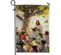 Drapeau de jardin de sérénité naturelle, Jésus avec enfants sous un arbre, décoration extérieure, drapeau de bienvenue double face pour le printemps et l'été, décoration religieuse inspirante de