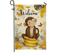 Drapeau de jardin de singe de printemps et d'été, banane jaune, bannière de jardin, bannière de jardin, bannière double face en toile de jute, drapeau de cour, décoration de pelouse extérieure, 30,5 x