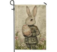 Drapeau de jardin de soldat de lapin, décoration de printemps de lapin gris vintage, drapeau en toile de jute double face pour jardin, fête, décoration extérieure, 12 x 18 pouces