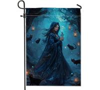 Drapeau de jardin de sorcière de minuit, lanternes de chats mystiques bleus, bannière de décoration d'intérieur, drapeau de cour double face, saisonnier, Halloween, fête gothique, décoration
