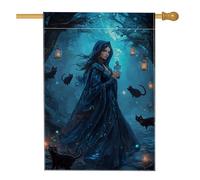 Drapeau de jardin de sorcière de minuit, lanternes de chats mystiques bleus, bannière de décoration d'intérieur, drapeau de cour double face, saisonnier, Halloween, fête gothique, décoration