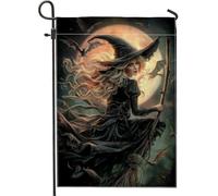 Drapeau de jardin de sorcière d'Halloween, décoration de balai enchanté noir, bannière double face en toile de jute pour décoration de pelouse extérieure 30,5 x 45,7 cm