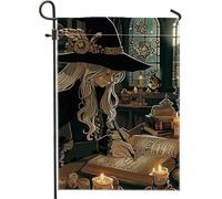 Drapeau de jardin de sorcière d'Halloween - Écrivain enchanté foncé - Décoration d'intérieur - Drapeau de jardin double face en toile de jute - Décoration de pelouse - 30,5 x 45,7 cm