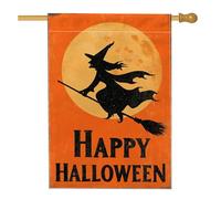 Drapeau de jardin de sorcière d'Halloween, silhouette de lune orange, décoration extérieure, bannière de pelouse double face en toile de jute, décoration de fête d'automne effrayante, 71,1 x 101,6 cm