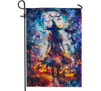 Drapeau de jardin de sorcière d'Halloween, sorcière nocturne bleue avec chauves-souris de citrouille, décoration extérieure, drapeau en toile de jute double face pour fête d'automne, vacances, 12 x 18