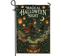 Drapeau de jardin de sorcière, lanterne chaudron festive fantaisiste pour Halloween, vert, double face, en toile de jute, drapeaux décoratifs pour extérieur, terrasse, pelouse, porche, balcon, 30,5 x
