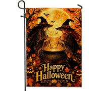 Drapeau de jardin de sorcière sur le thème du chaudron d'Halloween 30,5 x | Toile de fond pleine lune, drapeau de pelouse, chaudron effrayant, chauves-souris volantes, accents jack-o'-lanterne