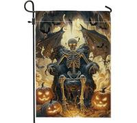 Drapeau de jardin de squelette gothique d'Halloween, squelette noir avec citrouilles, décoration de la maison, drapeau de cour double face, décoration extérieure, 12 x 18 pouces