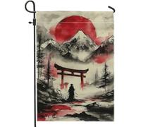 Drapeau de jardin de style japonais, paysage de montagne et soleil rouge, bannière double face en toile de jute pour décoration de pelouse printemps/été, 30,5 x 45,7 cm