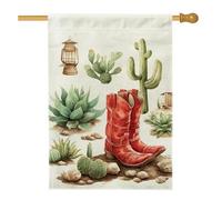 Drapeau de jardin de style occidental, bottes de cowboy rouges, lanterne cactus, bannière de décoration d'intérieur, bannière double face en toile de jute, décoration de pelouse extérieure, 71 x 101,6