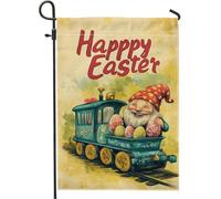 Drapeau de jardin de train de nain de Pâques, œufs de Pâques colorés, décoration de cour, décoration en toile de jute double face de saison de printemps pour pelouse extérieure, 12 x 18