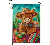 Drapeau de jardin de vache coloré, veau brun des hautes terres avec chapeau, décoration de la maison, bannière en toile de jute double face, décoration de pelouse en plein air, fête de printemps