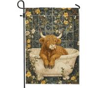 Drapeau de jardin de vache des hautes terres, drapeau rustique de vache marron pour la décoration de la maison, double face en toile de jute florale, décoration de pelouse extérieure, 12 x 18 cm