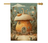 Drapeau de jardin de village de citrouilles d'automne, maison de conte de fées orange chaud, décoration extérieure, vacances saisonnières, bannière de cour double face, décoration d'automne rustique