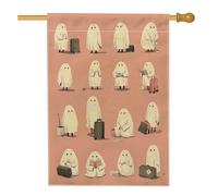 Drapeau de jardin de voyage avec des fantômes mignons, personnages fantaisistes de pêche, décoration extérieure, bannière double face en toile de jute pour automne, Halloween, décoration de pelouse
