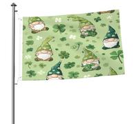 Drapeau de jardin décoratif en polyester avec de jolis gnomes verts et un trèfle, 90 x 150 cm, double face, pour terrasse, pelouse, porche ou balcon. Idéal pour les petits jardins, les porches et les