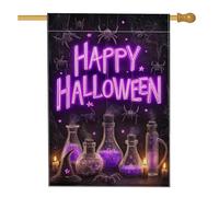 Drapeau de jardin décoratif pour Halloween, bouteilles de potion violettes avec araignées, bannière extérieure, drapeau de cour double face en toile de jute pour fête d'automne, décoration de pelouse