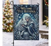 Drapeau de jardin déesse hivernale loup bénédiction de Noël 30,5 x 45,7 cm | Motif déesse d'hiver, drapeau de cour, fond de forêt au clair de lune, branches de pin et houx, nuit étoilée céleste