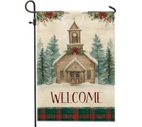 Drapeau de jardin d'église, pin rustique d'hiver, neige, Noël, toile de jute rouge, drapeaux décoratifs double face pour extérieur, terrasse, pelouse, porche, balcon, 30,5 x 45,7 cm