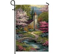 Drapeau de jardin d'église, pont paysager, arbres, toile de jute verte printanière, drapeaux décoratifs double face pour extérieur, terrasse, pelouse, porche, entrée, camping 30,5 x 45,7 cm