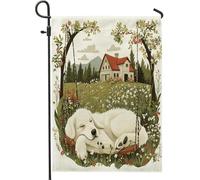 Drapeau de jardin des Pyrénées printanières 30,5 x 45,7 cm double face pour l'extérieur, motif chiot balançoire de ferme, drapeau de maison en toile standard, drapeau amusant pour animal de compagnie