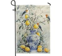 Drapeau de jardin d'été, bannière décorative jaune citron et oiseaux, drapeau de cour en tissu double face pour décoration extérieure, décoration d'intérieur florale pour fêtes de jardin, 30,5 x 45,7