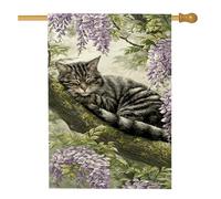 Drapeau de jardin d'été, chat tigré endormi avec fleurs de glycine violette, décoration d'extérieur, drapeau de cour double face en toile de jute, décoration de pelouse sur le thème des animaux