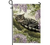 Drapeau de jardin d'été, chat tigré endormi avec fleurs de glycine violette, décoration d'extérieur, drapeau de cour double face en toile de jute, décoration de pelouse sur le thème des animaux