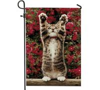 Drapeau de jardin d'été, chat tigré rayé dans des buissons fleuris, décoration extérieure, double face en toile de jute pour amoureux des animaux, bannière mignonne pour les amoureux des chats, 30,5 x