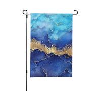 Drapeau de jardin d'été double face en marbre bleu abstrait doré, 12 x 18 pouces, pour l'extérieur