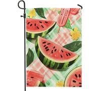 Drapeau de jardin d'été en forme de pastèque, pêche vive et rafraîchissante, bannière de jardin, bannière de jardin, drapeau de cour double face en toile de jute pour décoration de fête de pelouse