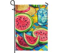 Drapeau de jardin d'été en forme de pastèque, pêche vive et verte - Bannière de jardin double face en toile de jute - Décoration extérieure de pelouse - 30,5 x 45,7 cm