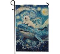 Drapeau de jardin d'été fantaisie, requin bleu et chien blanc, bannière de pelouse légère double face, décoration de fête d'anniversaire unique, 30,5 x 45,7 cm