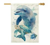 Drapeau de jardin d'été sur le thème de la vie océanique, dauphin bleu, tortue, poisson, bannière de décoration extérieure, drapeau double face en toile de jute pour décoration de pelouse sur le thème